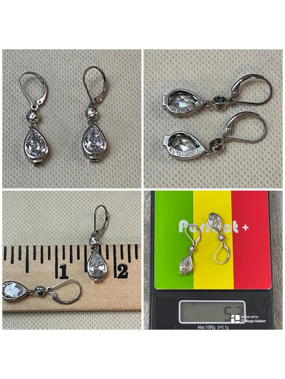 Elle Sterling Silver 925 Drop Earrings W/ Clear Cz Faceted Stones !